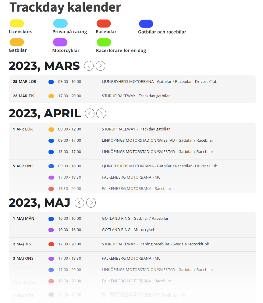 Trackday kalender för bankörning 2023