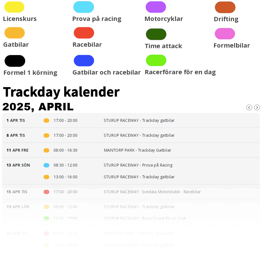 Trackdaykalendern listar alla möjligheter att köra på bana under 2025